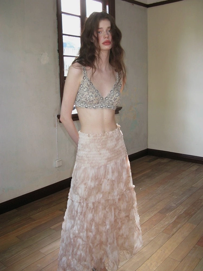 Grey apricot peony patterned lace halter top showing layered lacework front cutout and 3D rose neckline detail