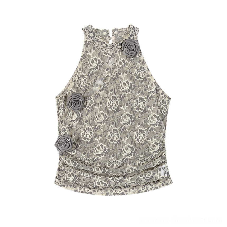 Grey peony patterned lace halter neck top with handcrafted rose detail and elegant Korean inspired streetwear styling