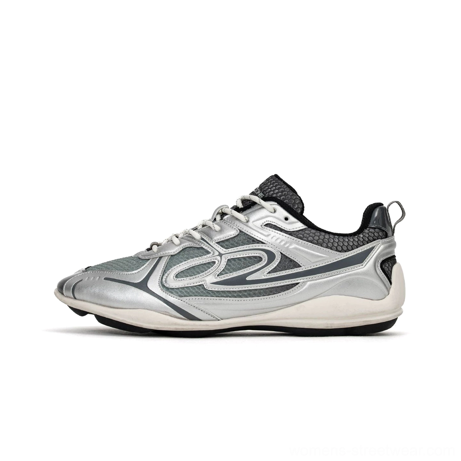 Grey and silver futuristic retro runner sneaker studio profile featuring breathable grey mesh metallic overlays dark grey accents heel pull tab and low-top wave sole