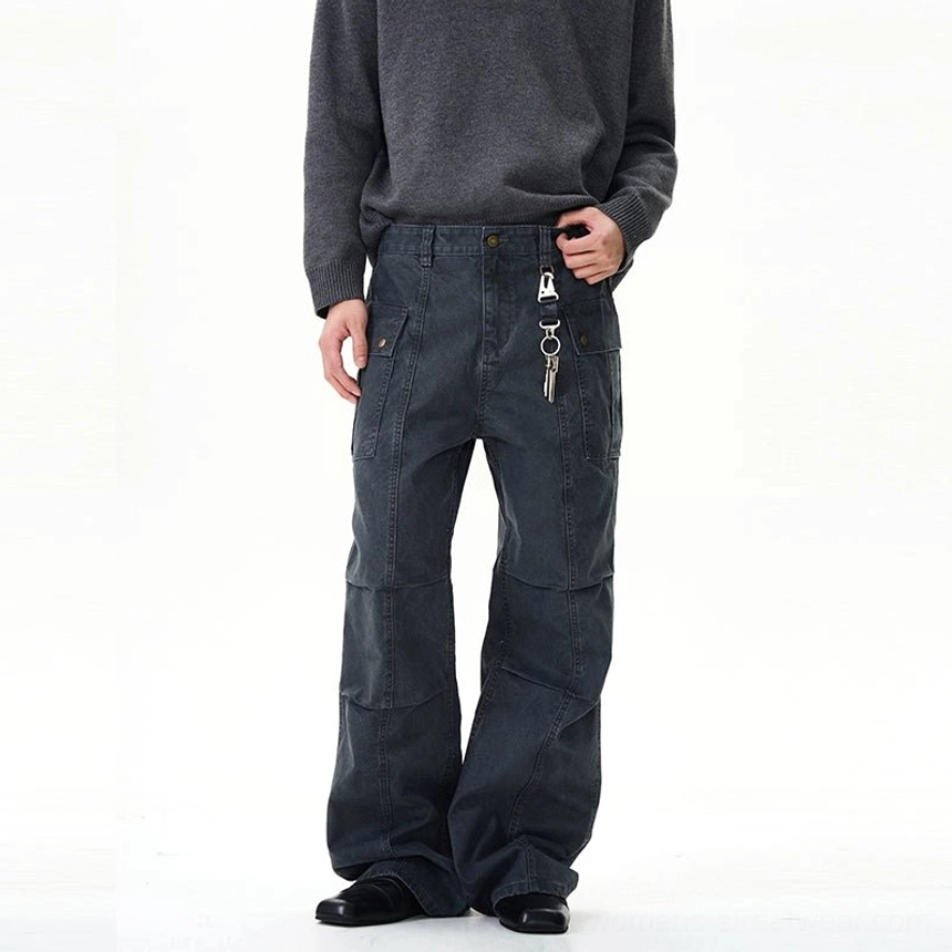 Grey vintage panel seam wide-leg streetwear cargo pants with heavyweight washed fabric and utility pocket design