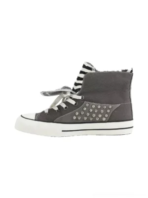 Grey zebra print foldover collar rivet high-top canvas sneakers left side view on white background