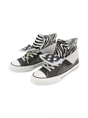 Grey high-top canvas sneakers with zebra print foldover collars silver rivets and white rubber toe caps