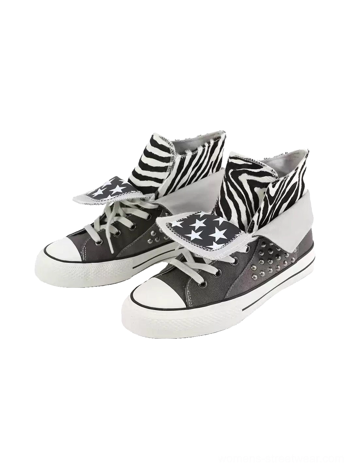 Grey high-top canvas sneakers with zebra print foldover collars silver rivets and white rubber toe caps