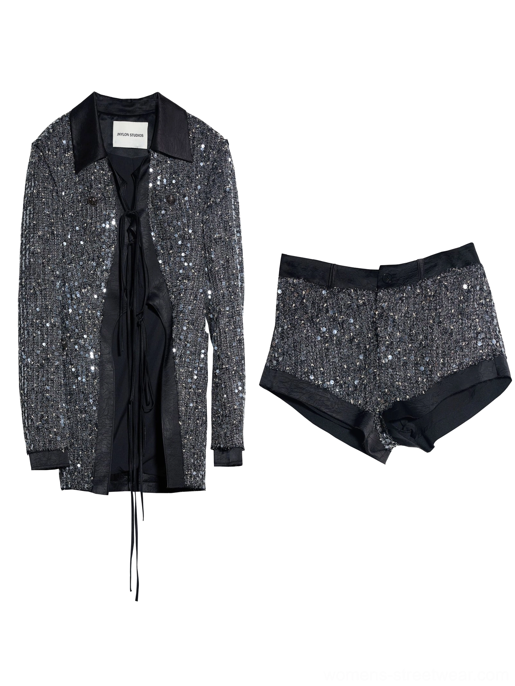 Flat lay of a gunmetal sequin oversized blazer with front lace-up detail and matching low-rise shorts with black satin waistband