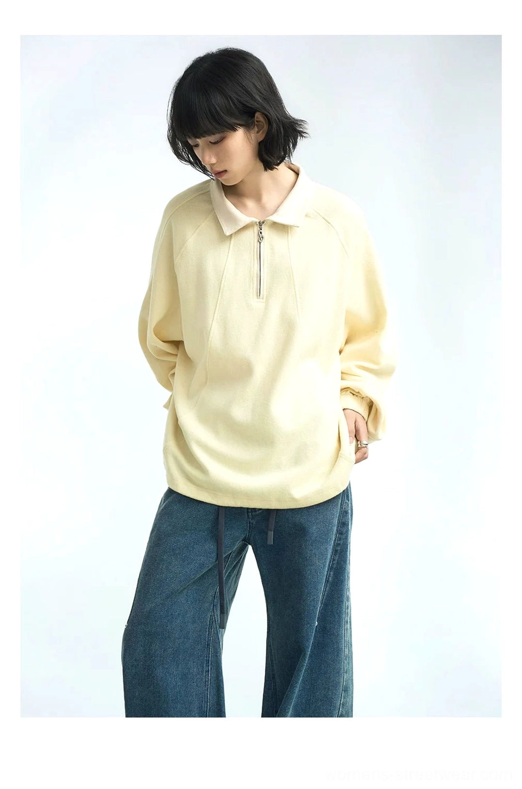 Half-zip raglan polo pullover relaxed Korean streetwear sweatshirt with contrast collar and oversized silhouette