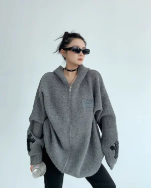 Heather gray halo cross patch oversized zip-up knit hoodie jacket front full body streetwear look