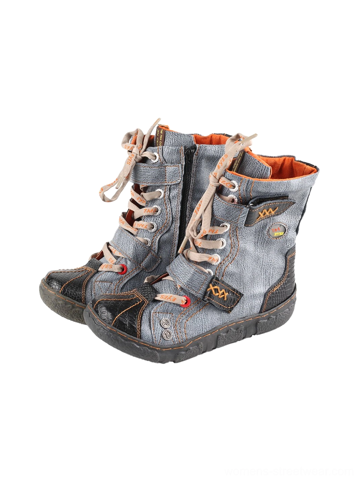 Black and washed gray hand-stitched mid-calf streetwear boots with orange lining and contrast stitching