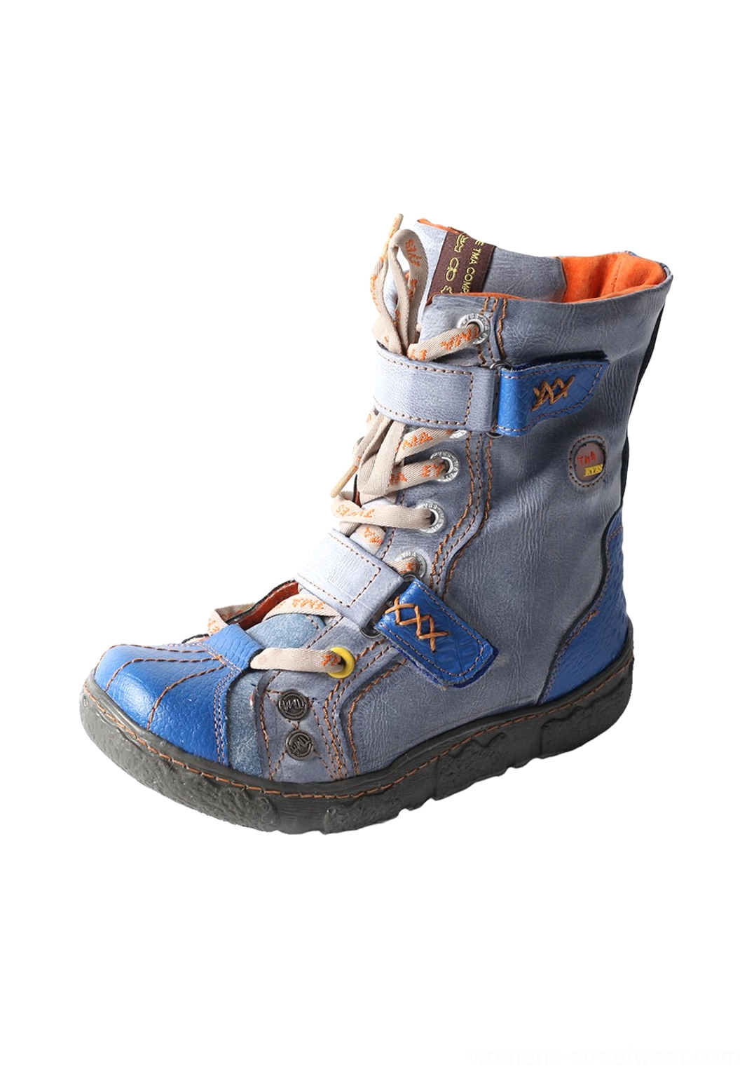 Blue hand-stitched mid-calf streetwear boot with dark blue toe cap, orange lining and lace-up strap closure