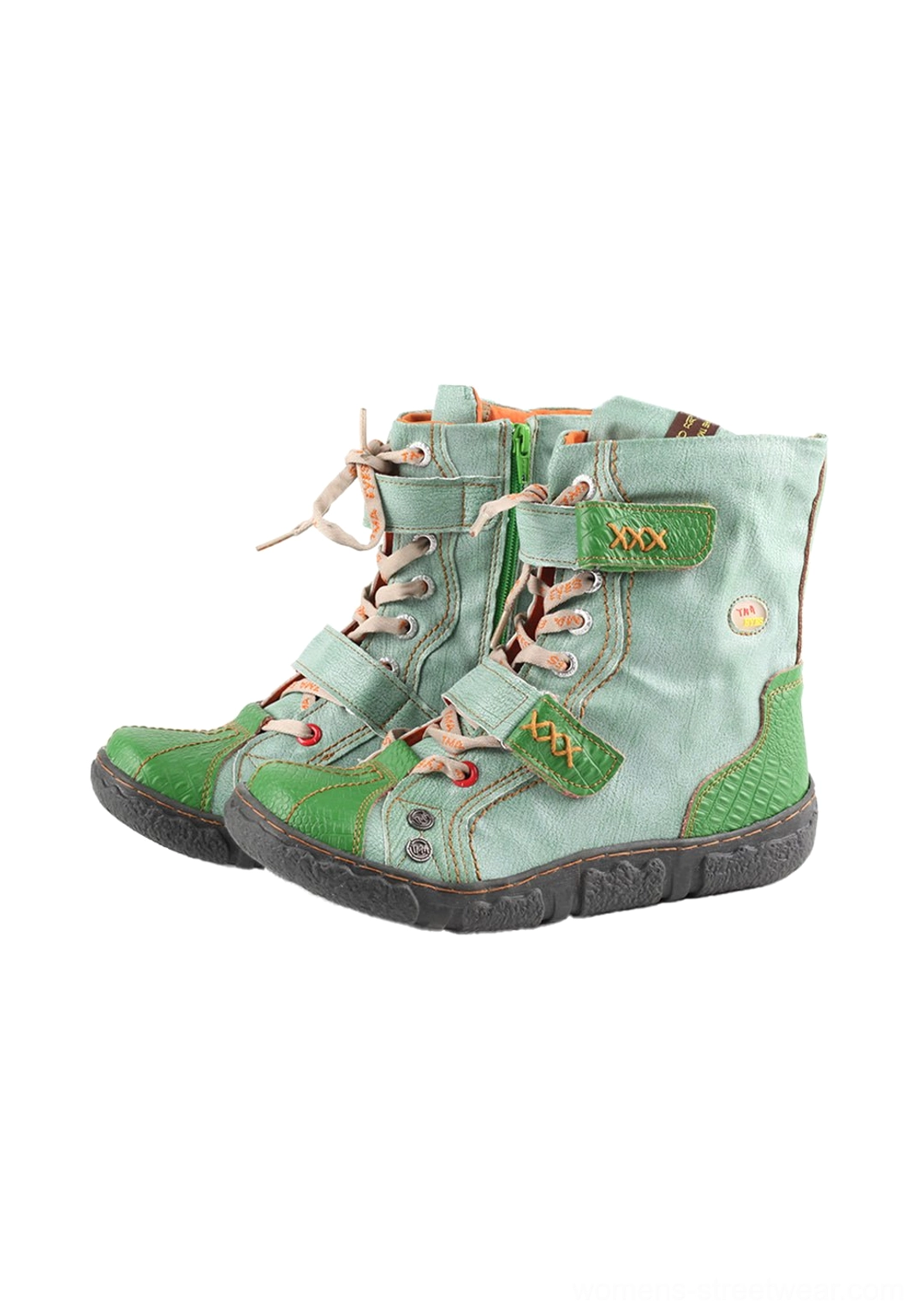 Green hand-stitched mid-calf streetwear boots with dark green toe caps, orange lining and rubber outsole
