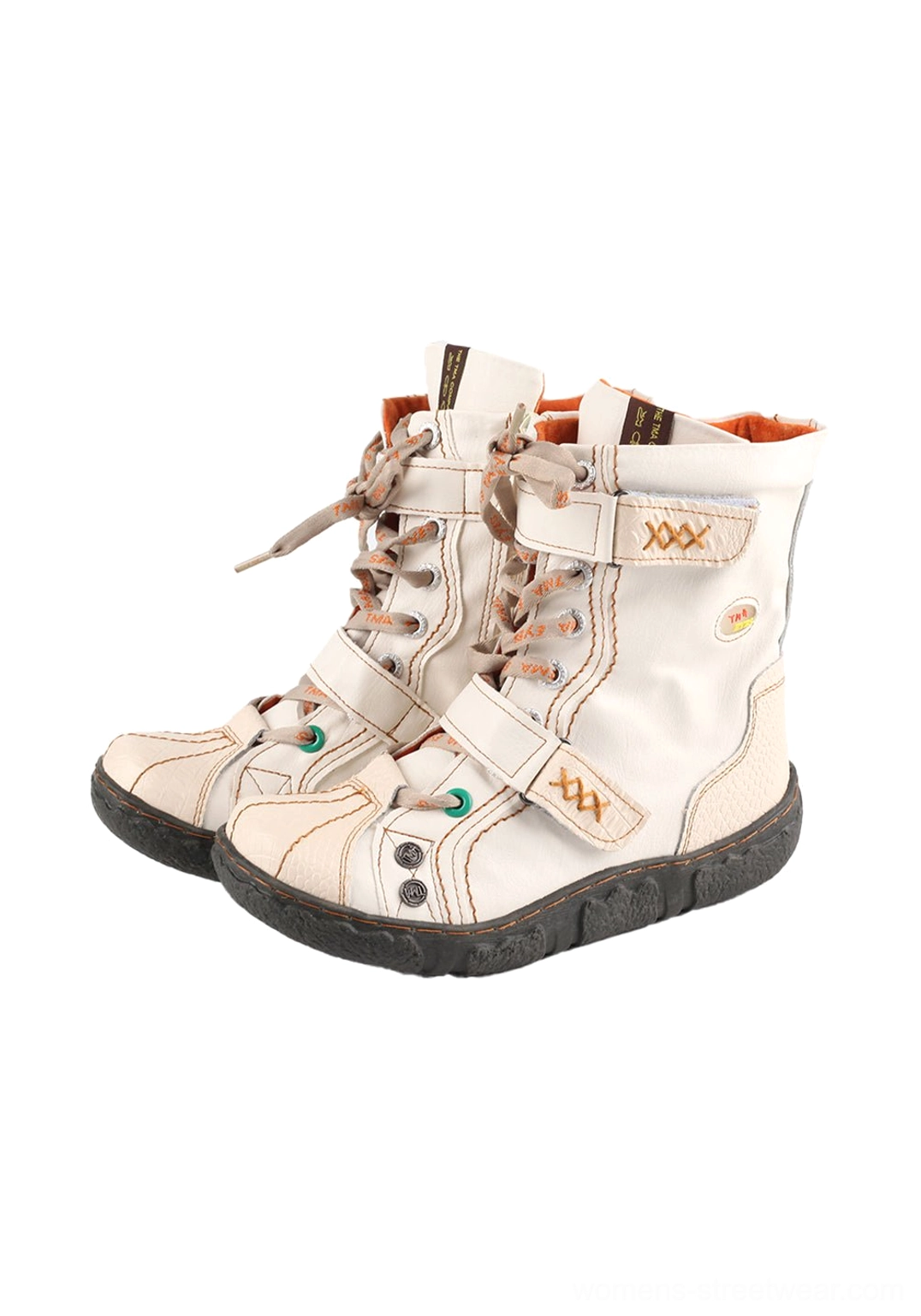 Pair of white hand-stitched mid-calf streetwear boots with green toe caps, X strap embroidery and anti-slip soles
