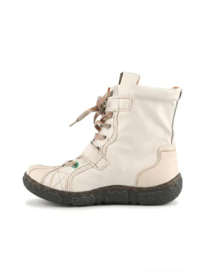 White hand-stitched mid-calf streetwear boot with green contrast toe, lace-up closure and dark rubber sole side view