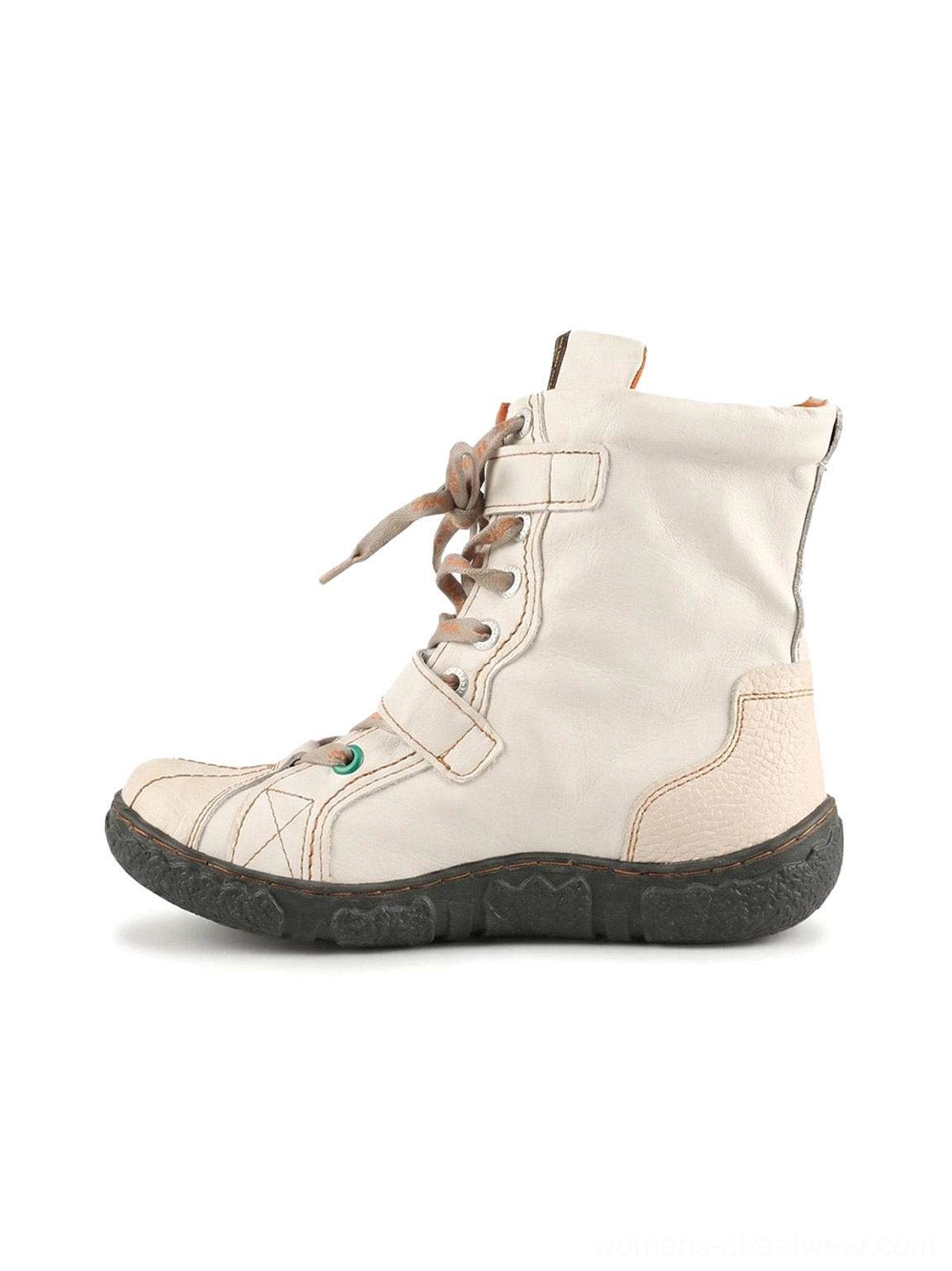 White hand-stitched mid-calf streetwear boot with green contrast toe, lace-up closure and dark rubber sole side view