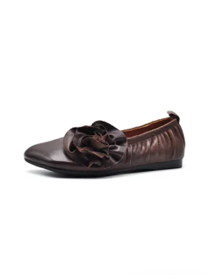 Coffee brown handmade leather flower square-toe ballet flats for women top view