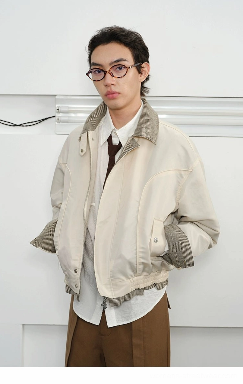 Harrington jacket detail image showing the clean panel construction stand collar and contemporary relaxed streetwear fit