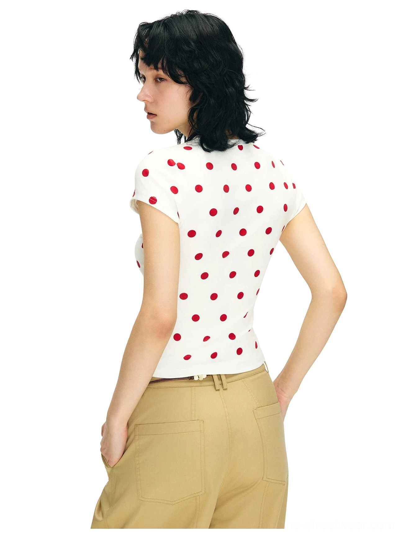 Back view of the off-white heart cat polka dot streetwear T-shirt showing the all-over red dot pattern and fitted short sleeves