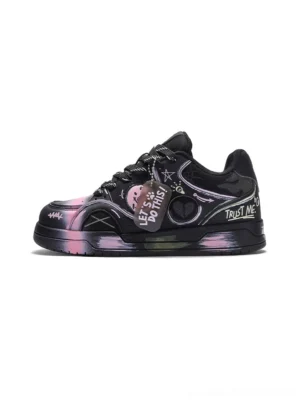 Black and pink heart graffiti low-top sneakers with contrast panels, colorful toe accent, graphic prints, and Y2K streetwear styling