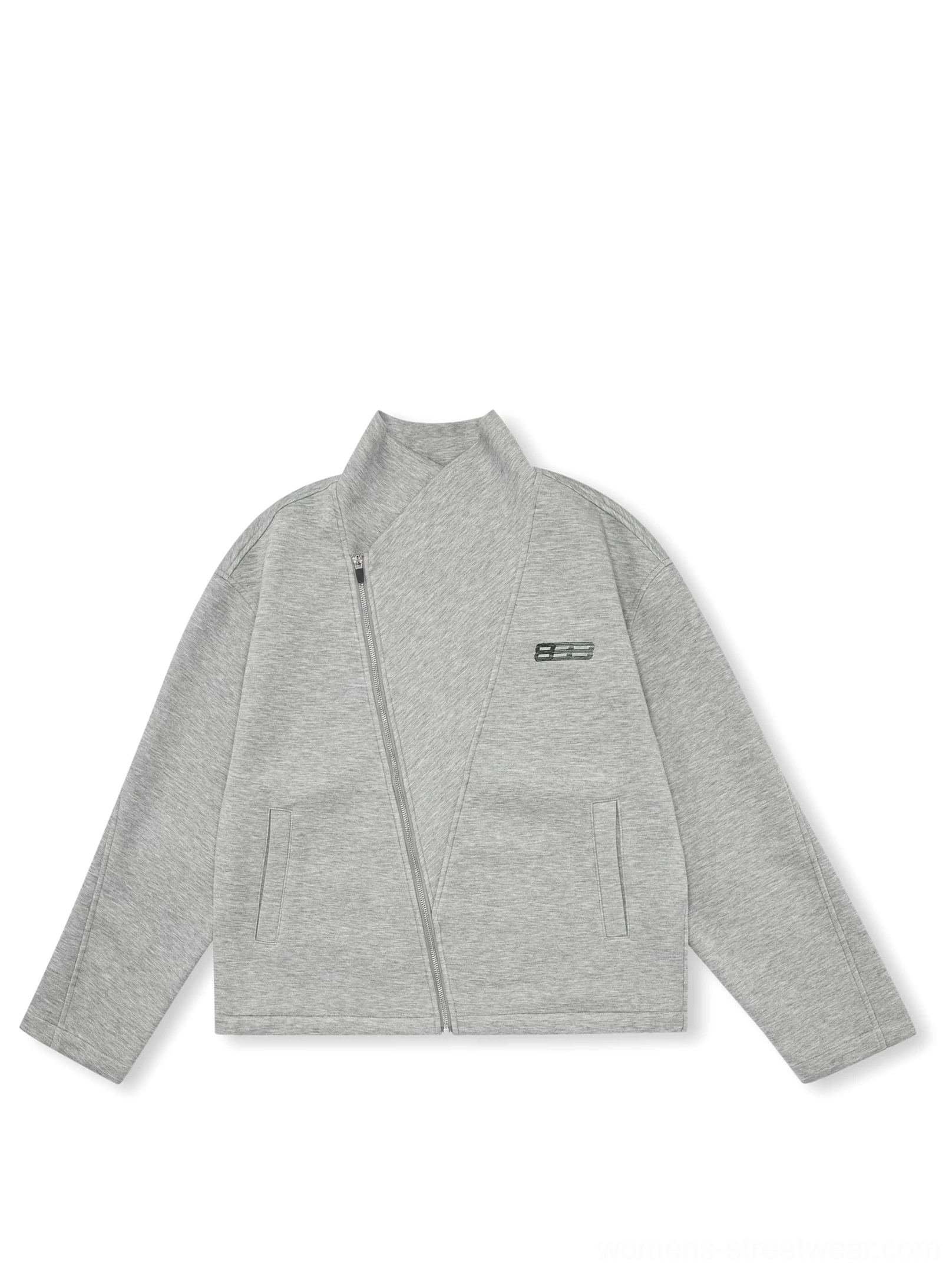 Heather gray asymmetric high-neck streetwear jacket flat lay showing angled zipper, dropped shoulders, long sleeves, and side pockets