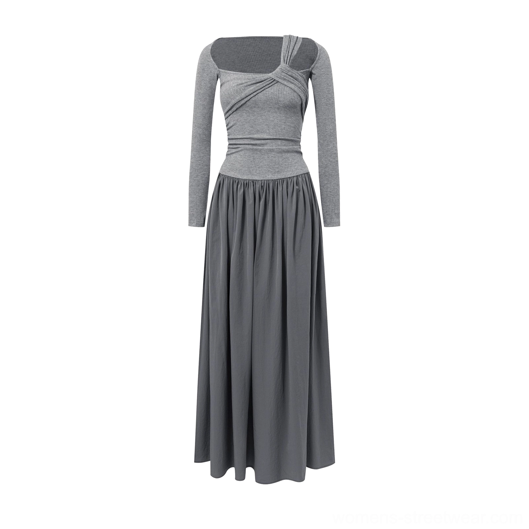Heather gray asymmetrical cold-shoulder maxi dress flat lay showing the long sleeves, twisted neckline, fitted top, and floor-length skirt
