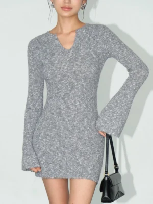 Heather gray bell sleeve knit mini dress front close-up with notched V-neck ribbed texture and fitted streetwear silhouette