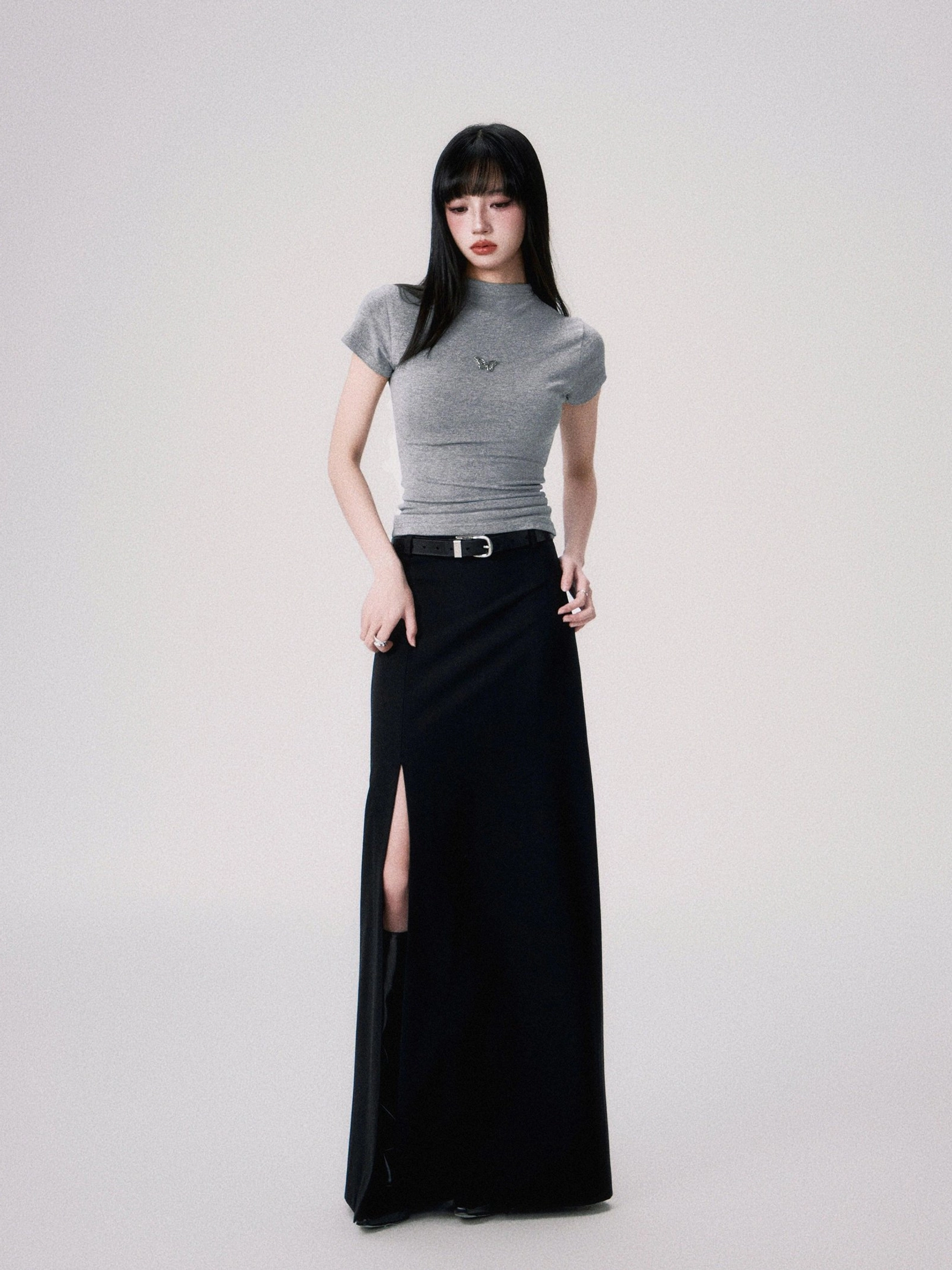 Heather gray cropped slim fit tee with butterfly embroidery styled in a Seoul streetwear outfit