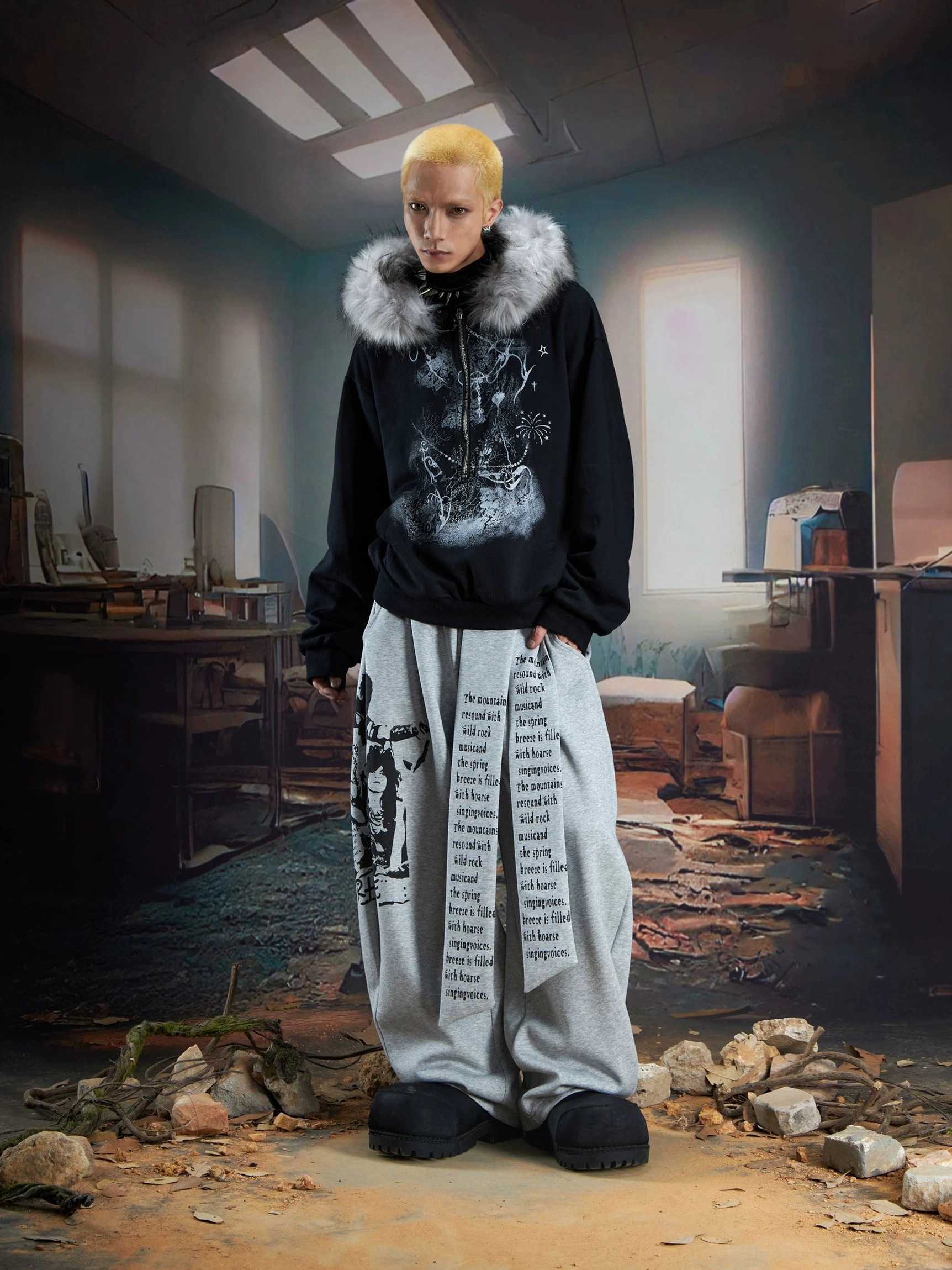 Heather gray draped panel graphic wide-leg streetwear joggers styled with graphic sweatshirt front view