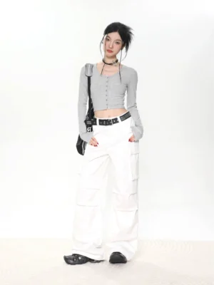 Heather gray fitted cropped button-front long sleeve Korean streetwear top styled with white wide-leg cargo pants and black loafers