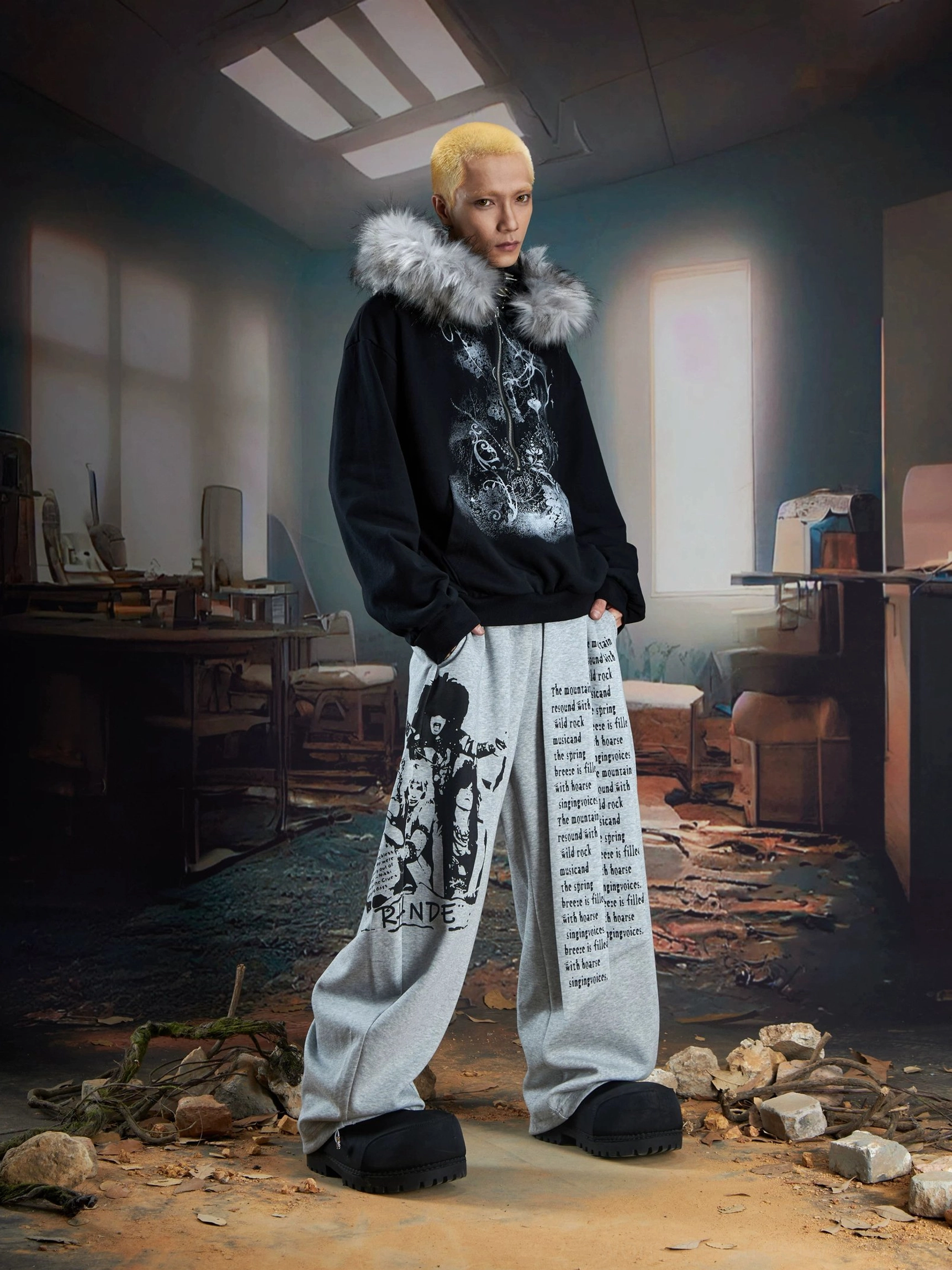 Heather gray graphic wide-leg streetwear joggers with oversized relaxed silhouette front full-body view