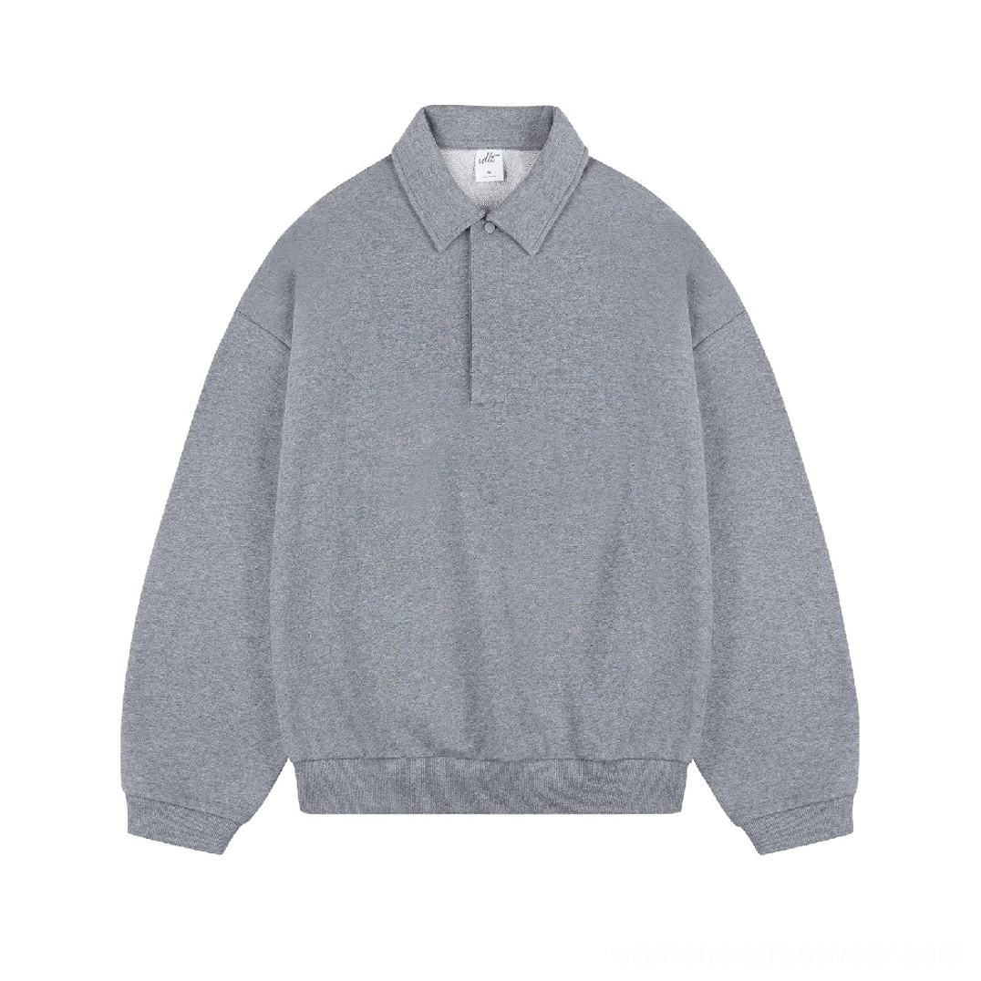 Heather gray heavyweight long sleeve polo sweater with quarter button placket, ribbed trims, and loose drop shoulder streetwear fit