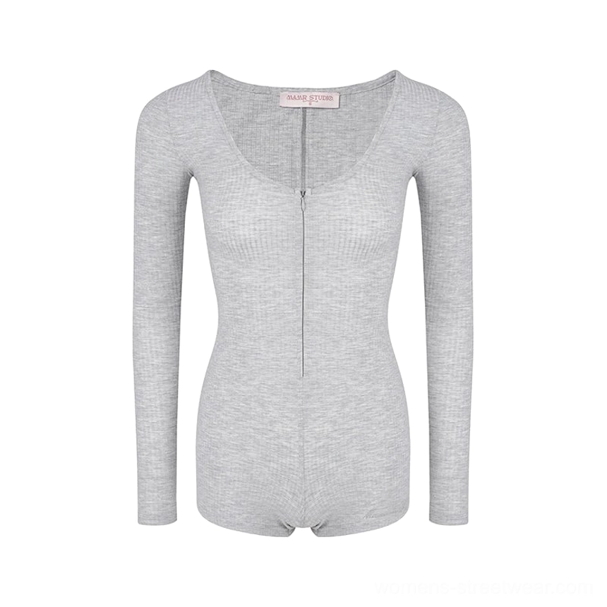 Heather gray long sleeve ribbed knit romper jumpsuit flat lay with V neck zipper and minimalist one-piece design