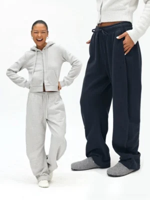 Gray and navy loungewear collection - wide leg drawstring sweatpants with minimalist styling inspiration