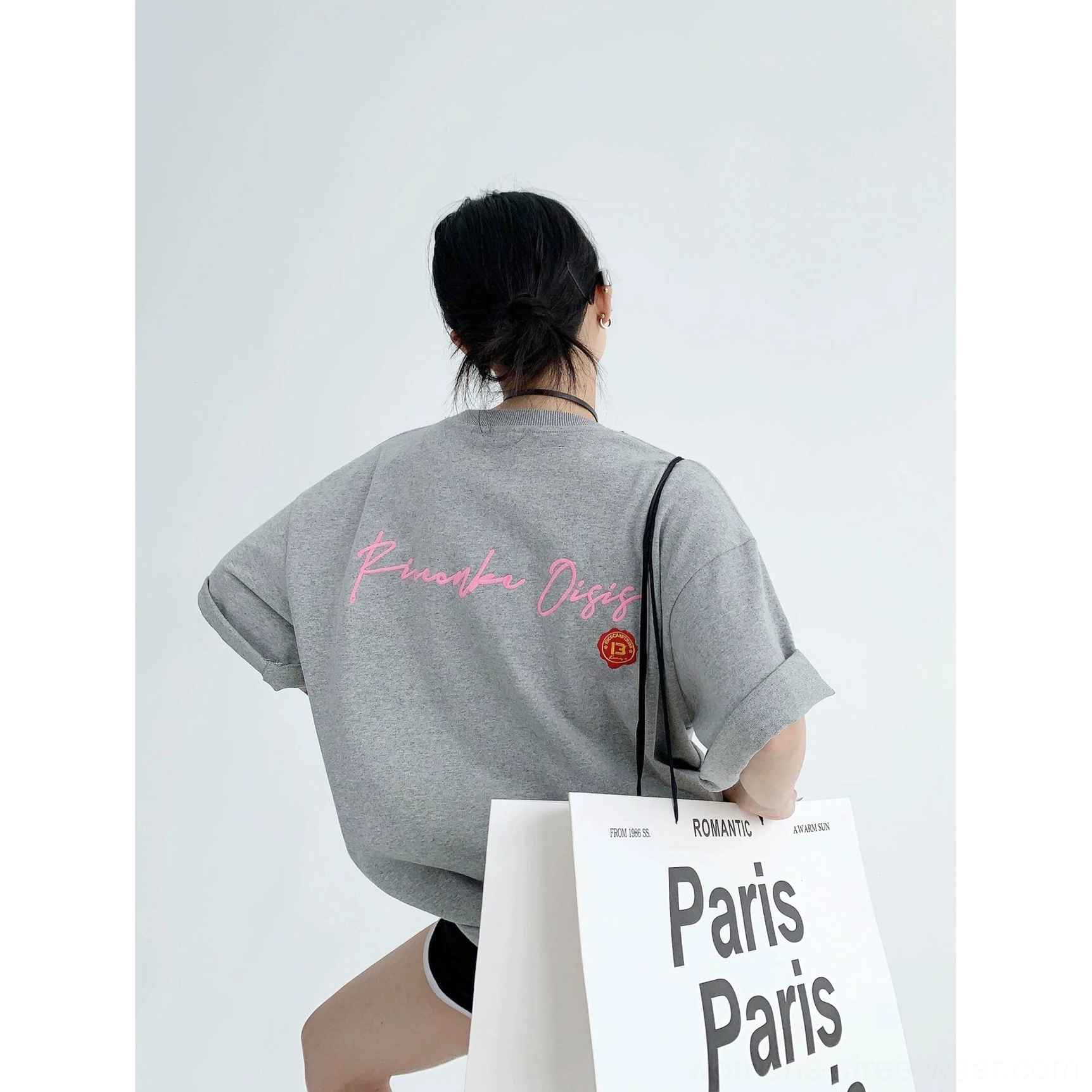 Heather gray oversized neon script graphic tee color option with bold pink back lettering and relaxed heavyweight cotton streetwear fit