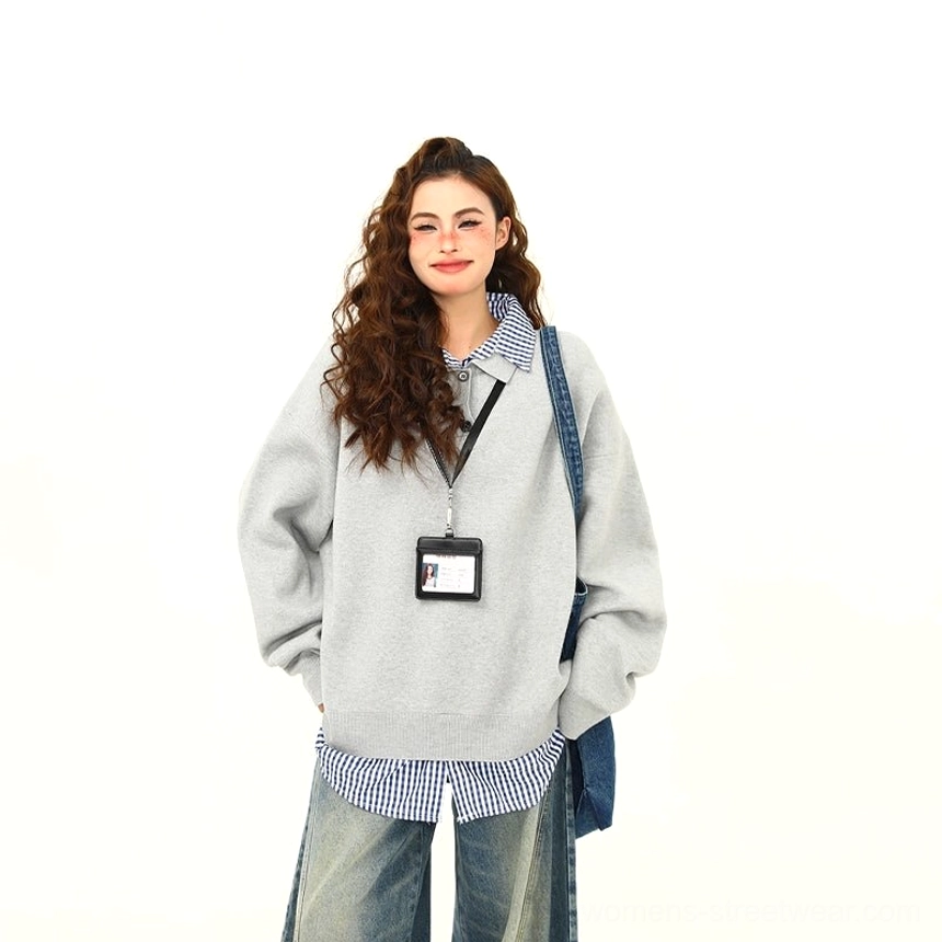 Heather gray oversized polo collar knit sweater colorway for relaxed Korean fashion and casual streetwear outfits
