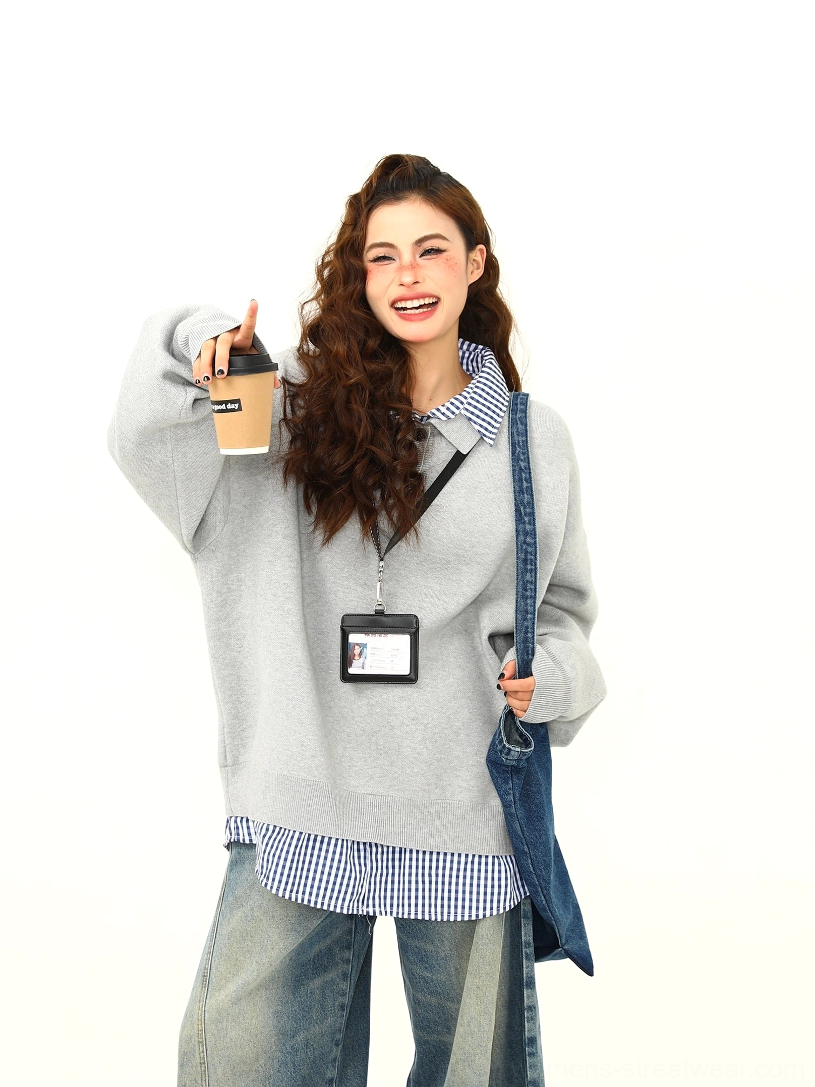 Heather gray oversized polo collar sweater with relaxed sleeves and layered shirt detail in a casual Seoul streetwear look