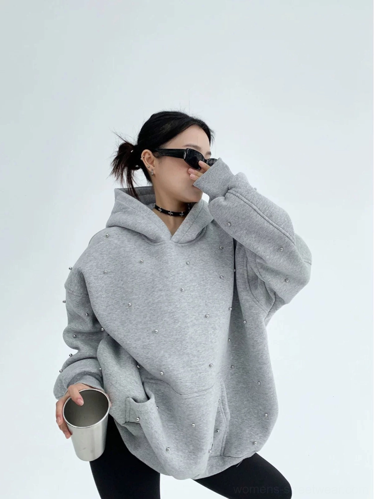 Heather gray pearl-embellished oversized hoodie with a roomy hood and relaxed Korean streetwear silhouette