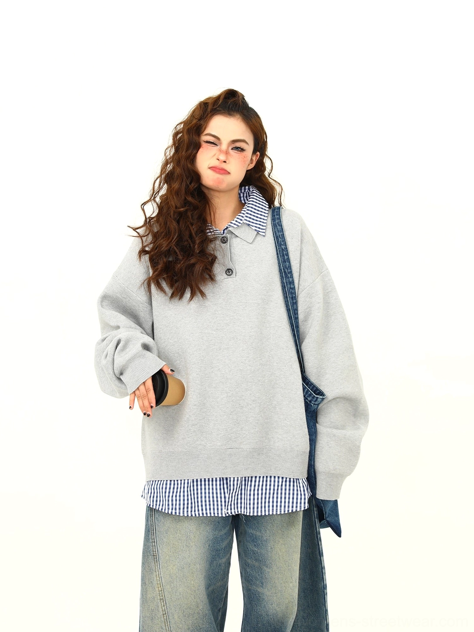 Heather gray relaxed oversized polo sweater with drop shoulders and casual layered shirt styling for everyday streetwear