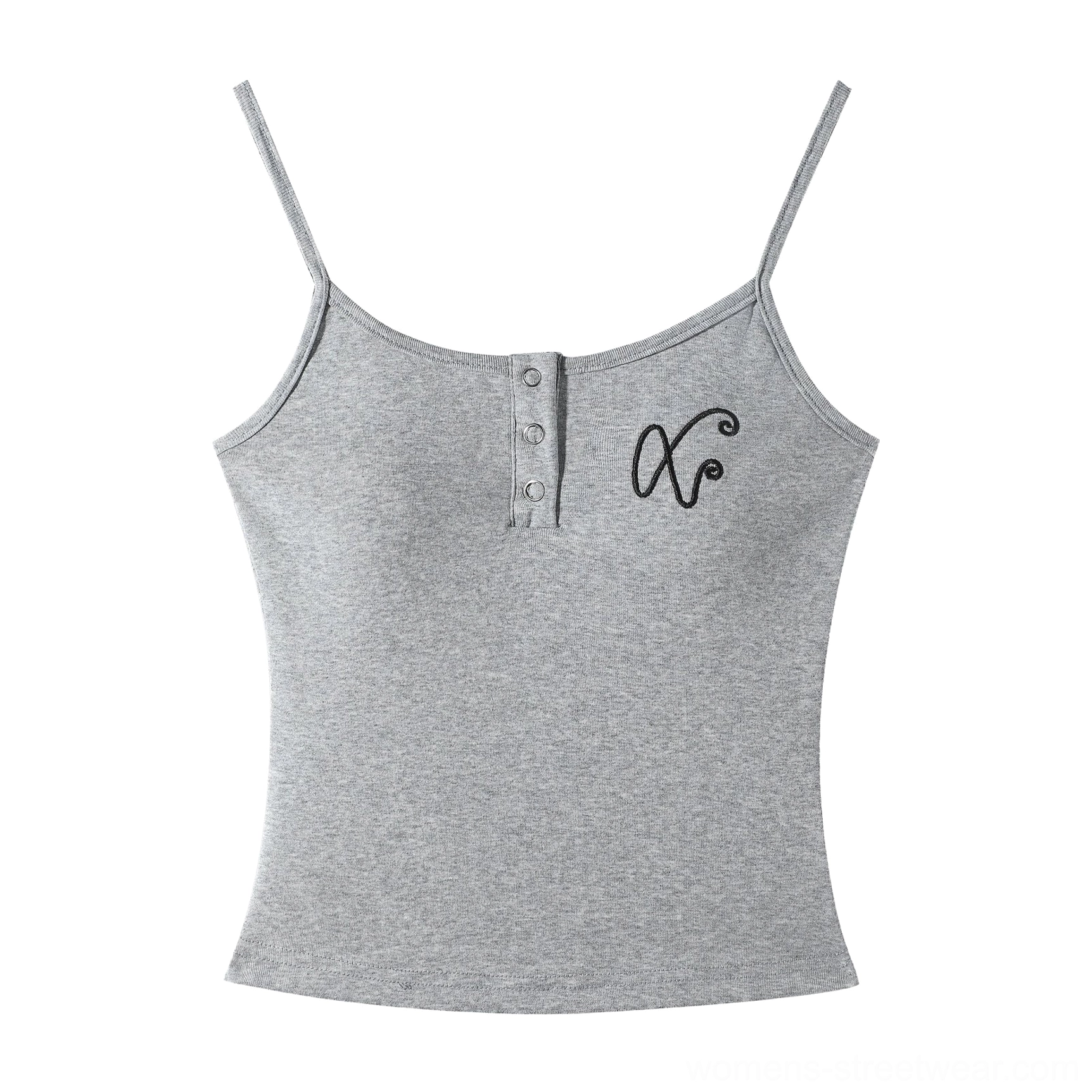Flat lay view of heather gray ribbed camisole showing spaghetti straps, Henley buttons, cropped shape, and XO embroidery