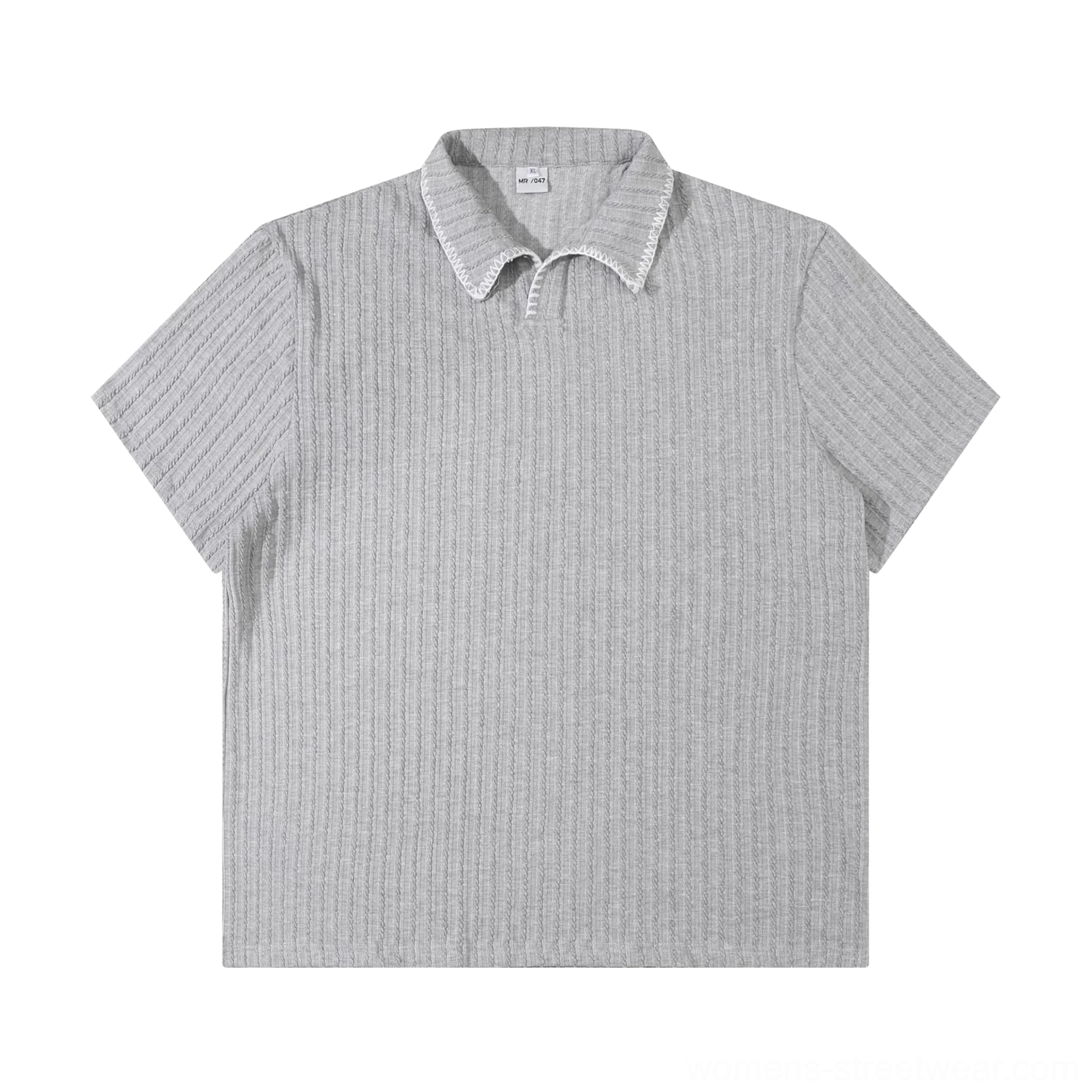 Heather gray ribbed knit polo shirt flat lay with vertical textured fabric, pointed collar, and relaxed short sleeve silhouette