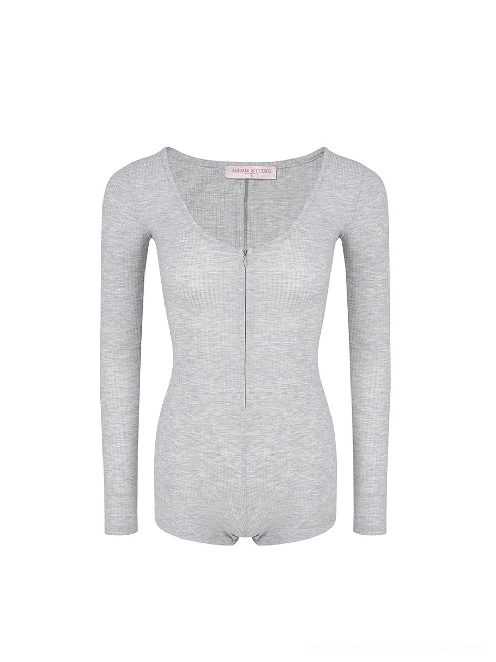 Heather gray ribbed long sleeve zip front romper jumpsuit shown flat with V neck and short leg design