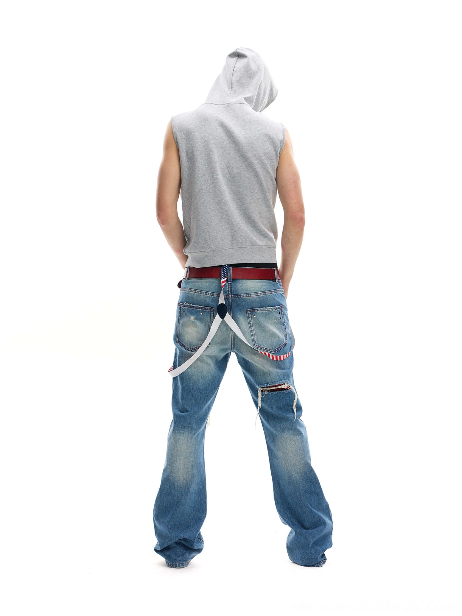 Back view of heather gray sleeveless hooded zip vest showing clean plain back and relaxed streetwear fit