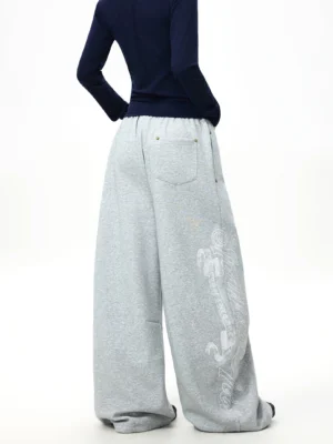 Back view of heather gray wide-leg streetwear sweatpants showing rear patch pocket, metal button detail, drawstring waistband, and tonal leg embroidery