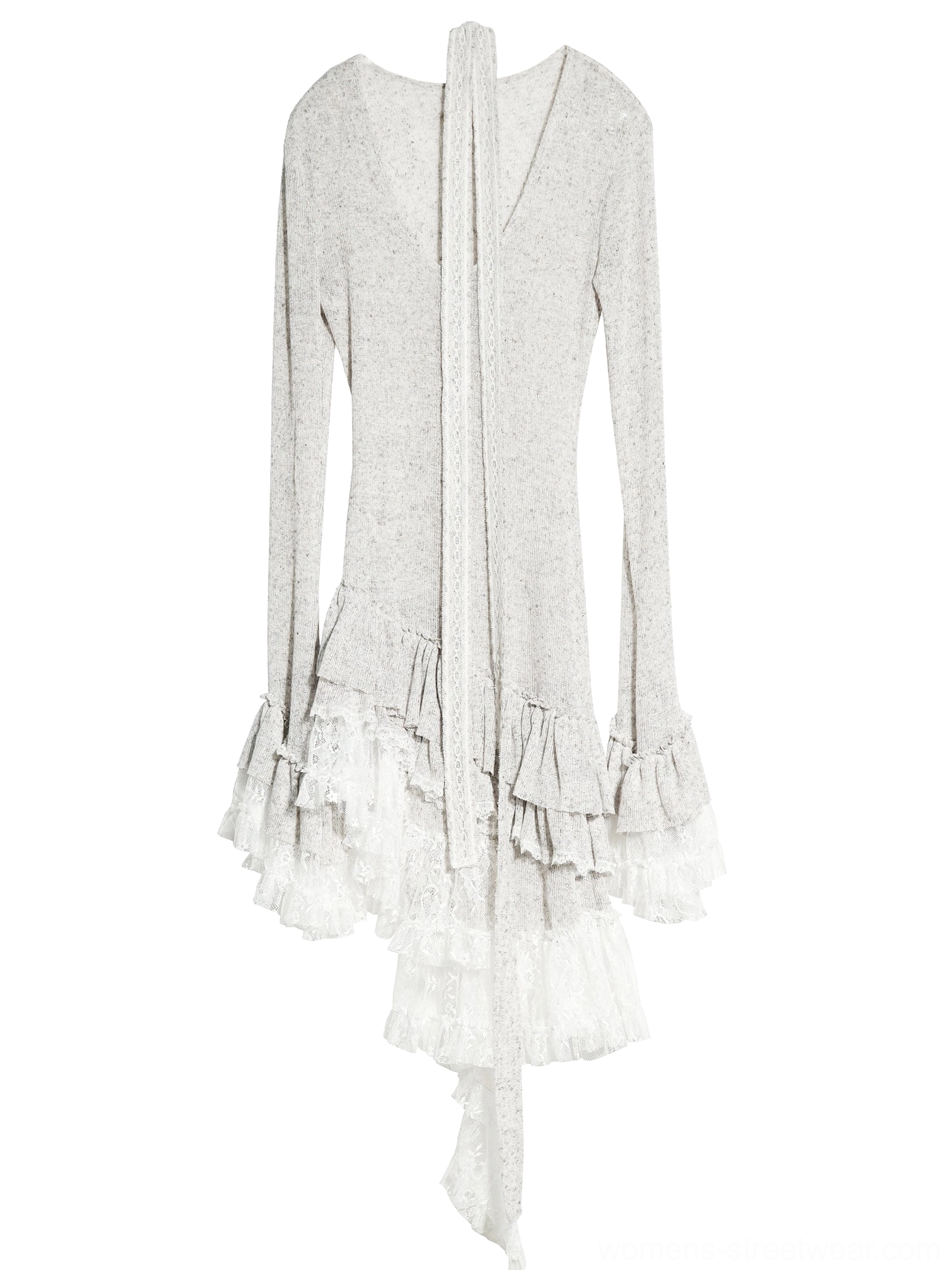 Flat front view of a heather grey asymmetrical lace panel knit dress with V-neckline, long sleeves, attached scarf detail, and layered ruffle hem