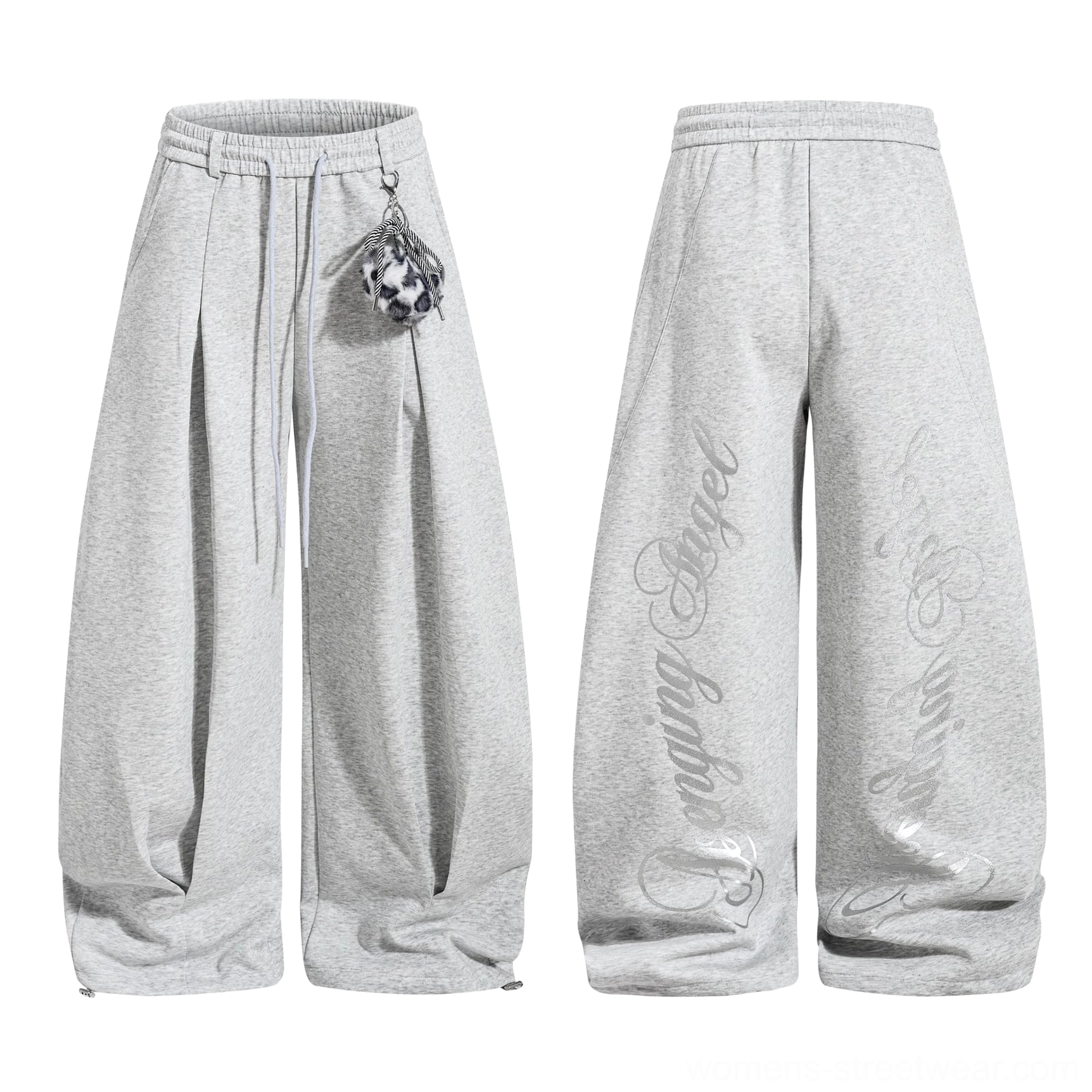 Heather grey gothic script wide-leg streetwear sweatpants product view with loose fit elastic waist and graphic outer legs