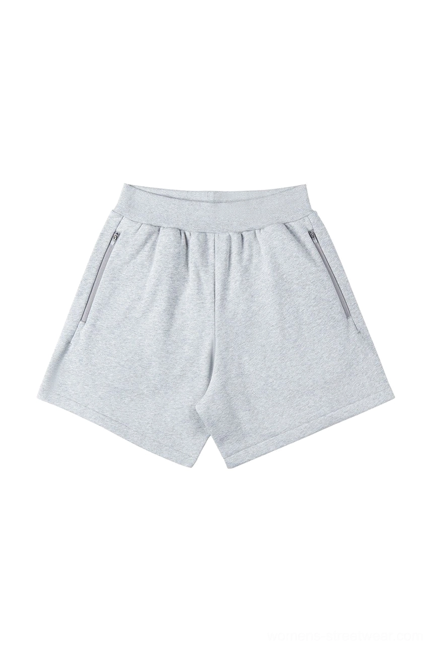 Heather light gray casual streetwear shorts with relaxed loose fit elastic waistband and dual zippered side pockets