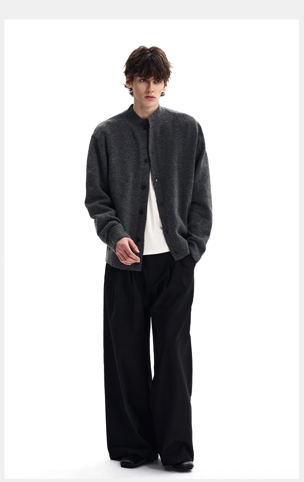 Heathered dark gray stand collar cardigan with clean button closure in minimalist Seoul streetwear outfit