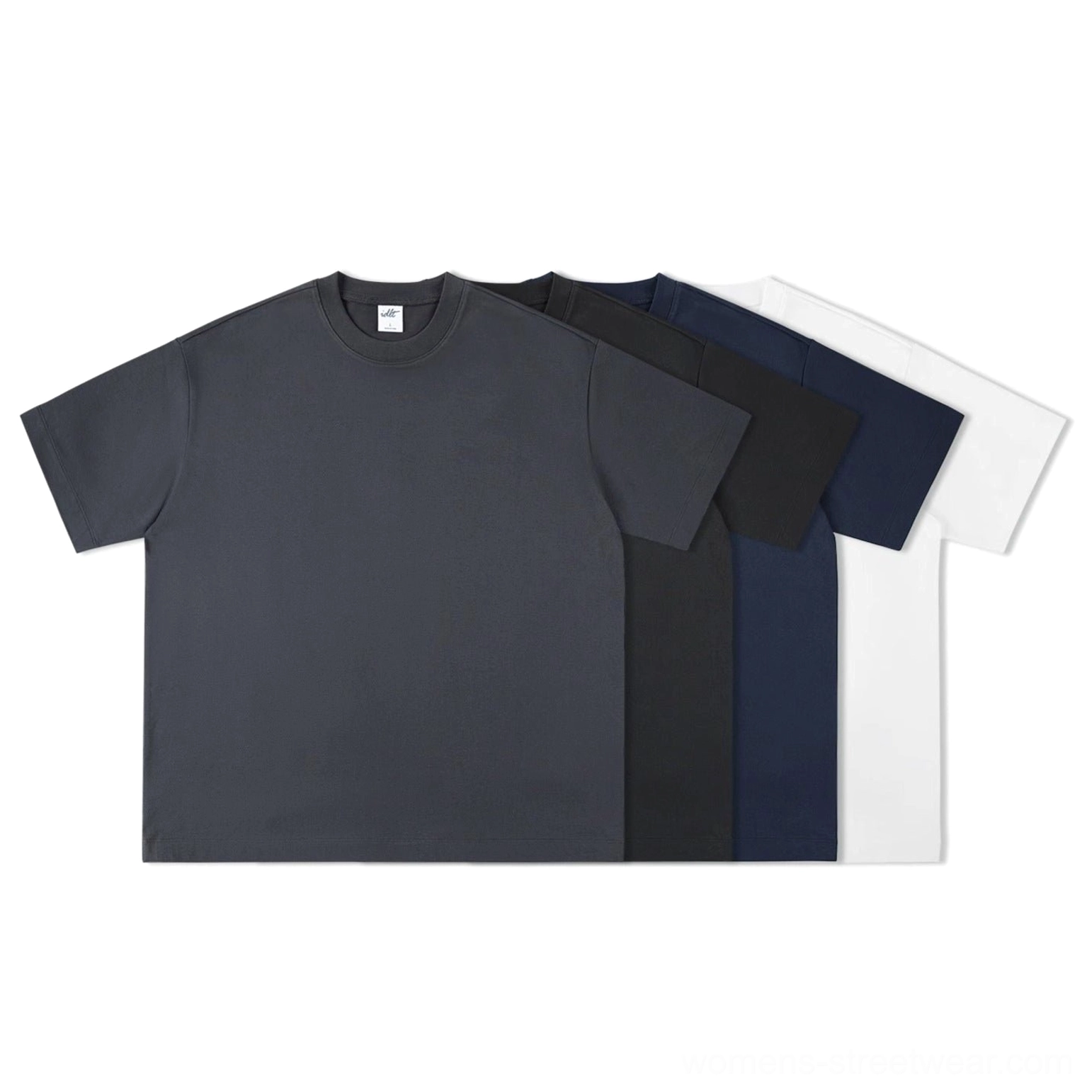 Four color oversized heavyweight cotton t-shirts in gray black navy and white shown in flat lay