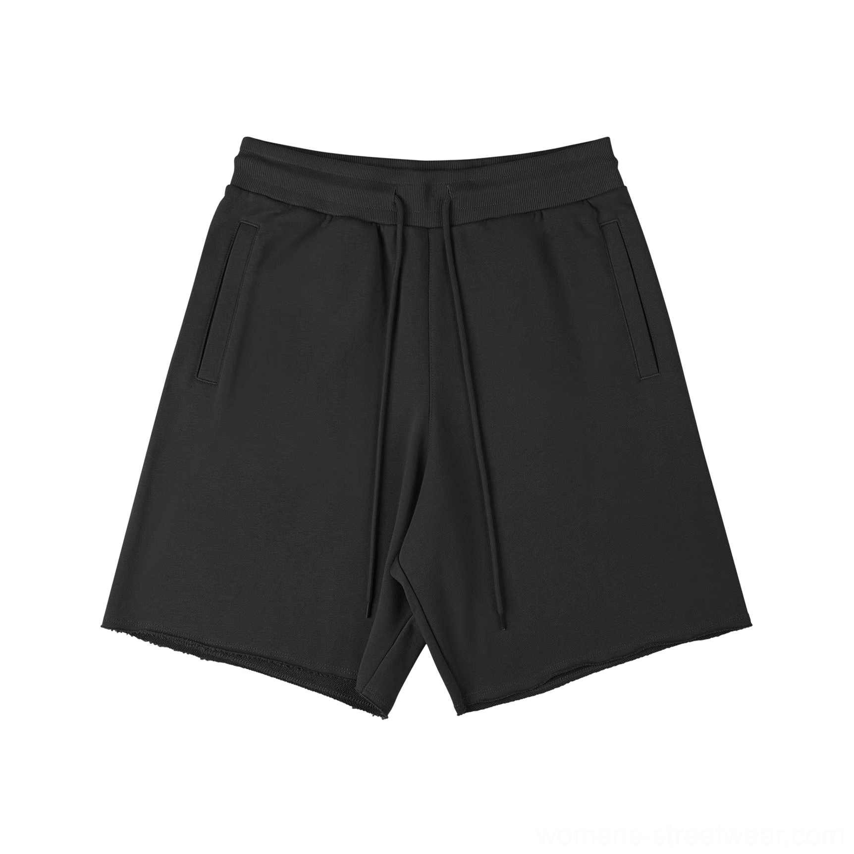 Black heavyweight raw hem drawstring sweat shorts flat lay with elastic waistband and side pockets