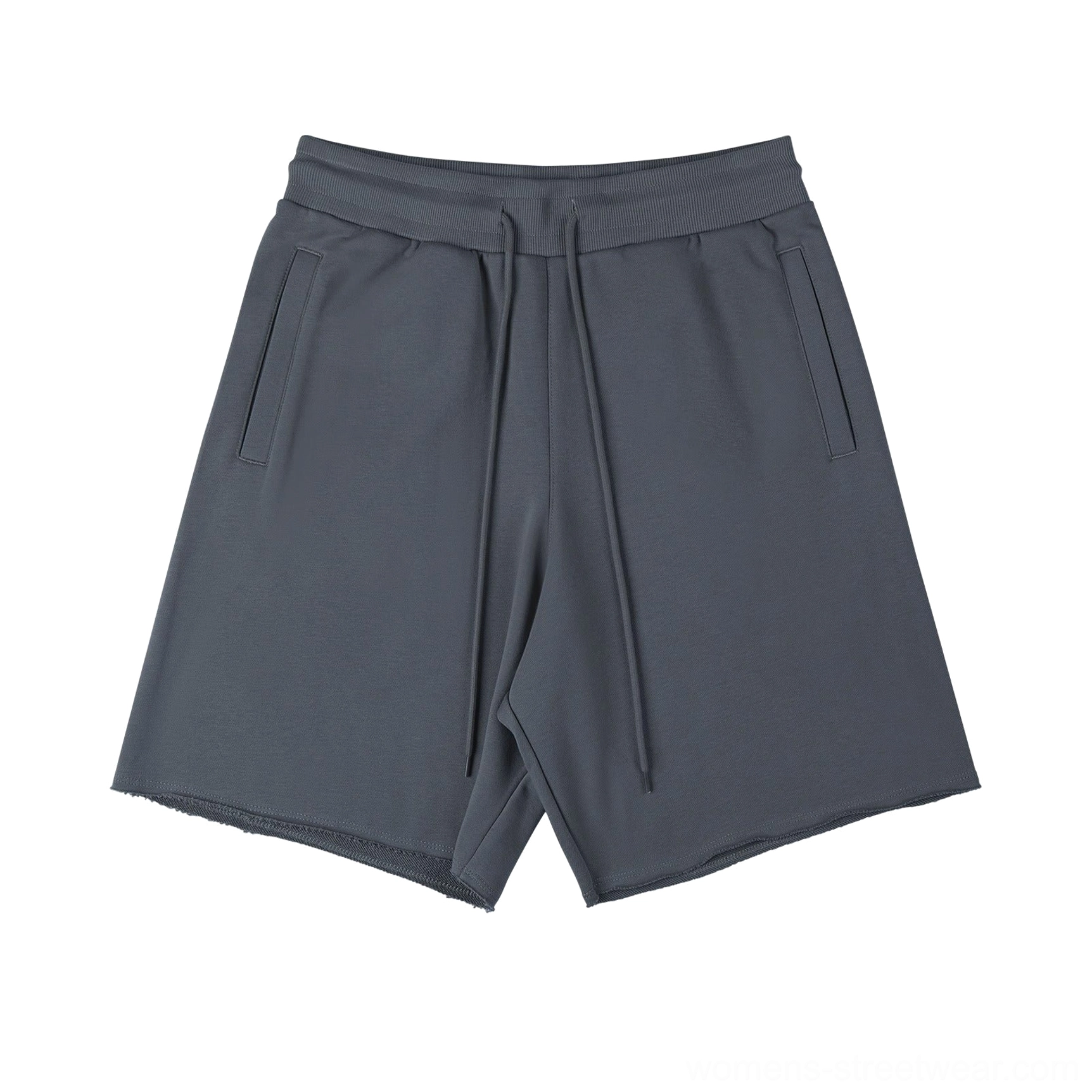 Dark gray heavyweight raw hem drawstring sweat shorts with relaxed streetwear fit