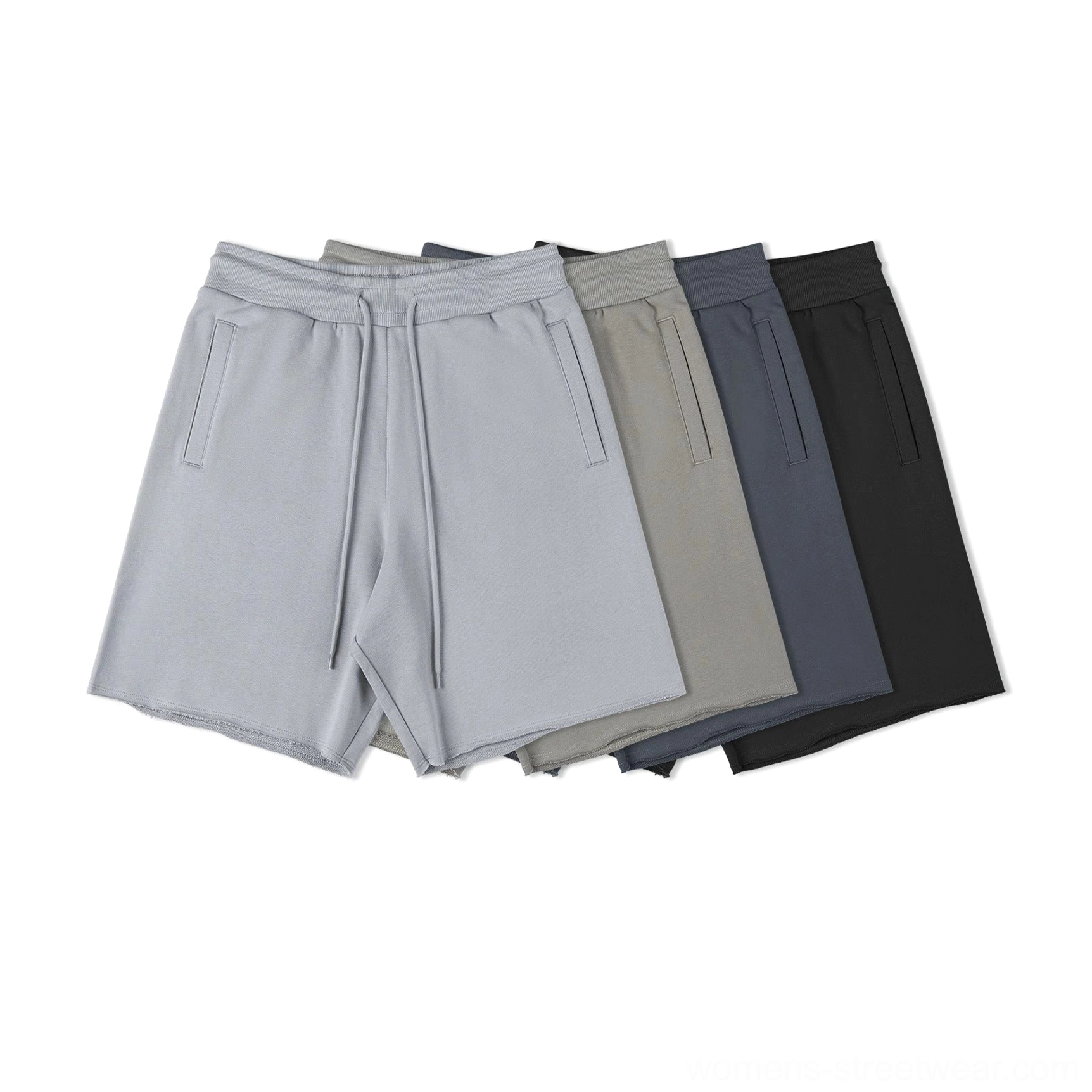 Heavyweight raw hem drawstring sweat shorts available in taupe light gray black and dark gray