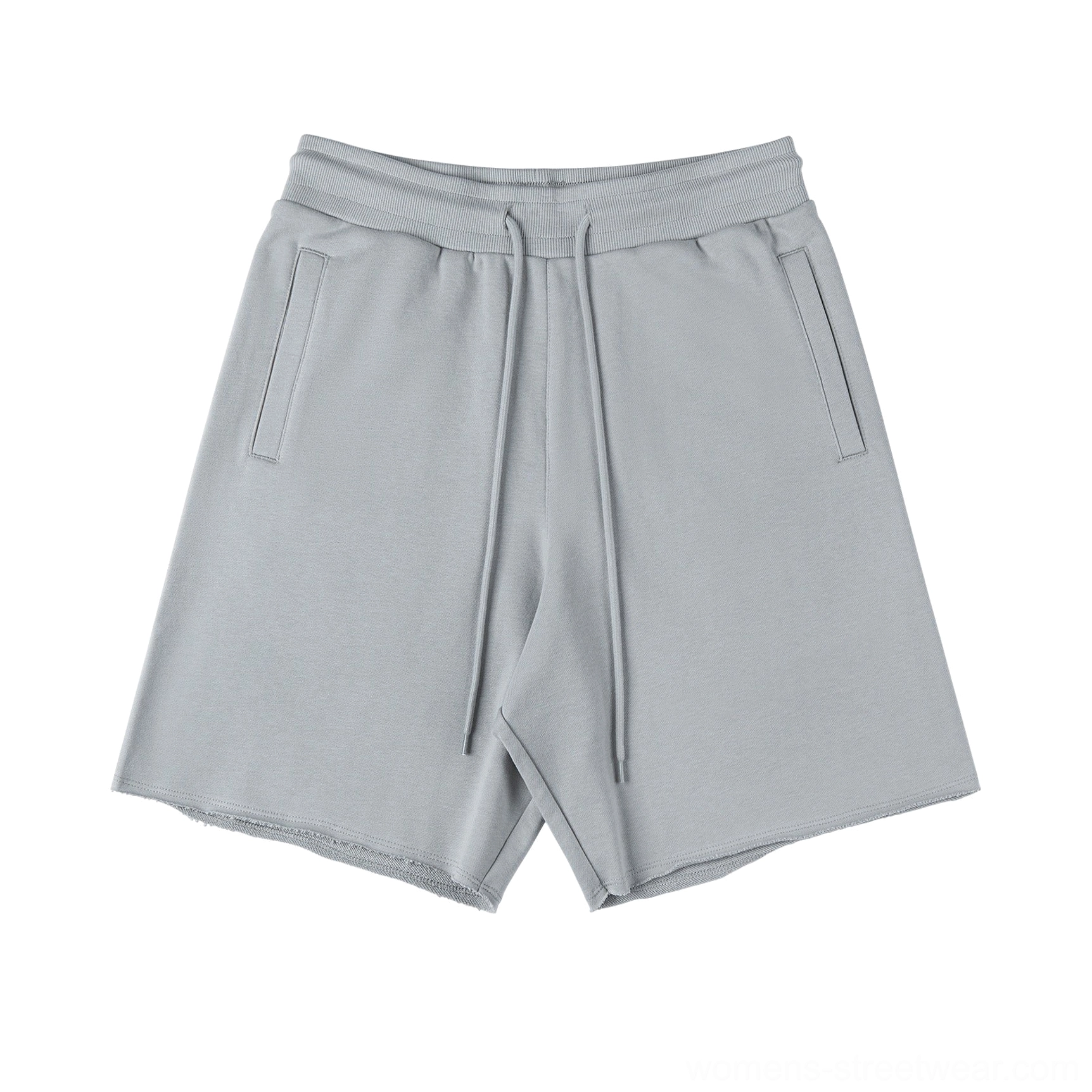 Light gray heavyweight raw hem drawstring sweat shorts front view with relaxed oversized silhouette