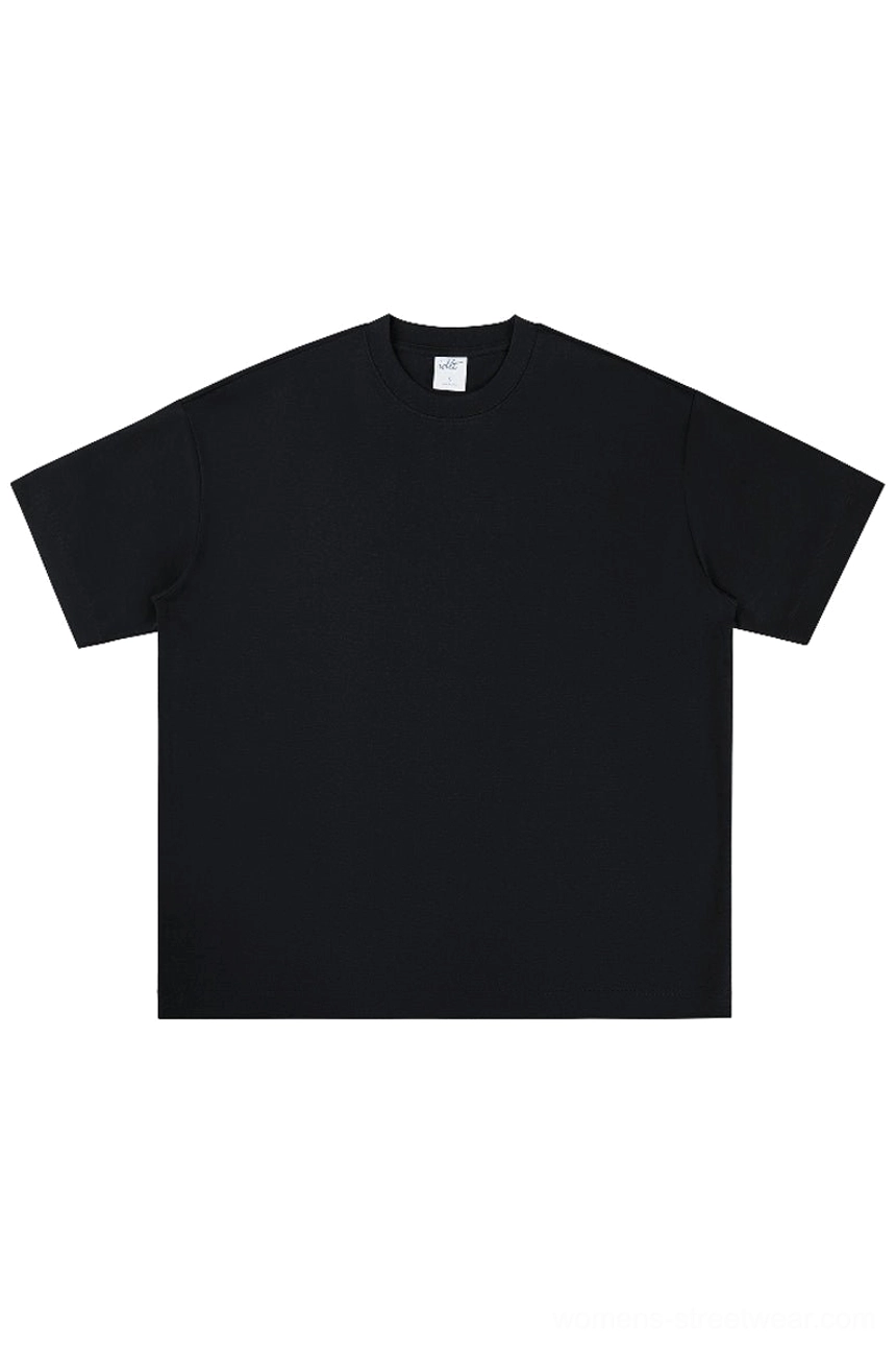 Black heavyweight silk-finish oversized cotton streetwear tee front flat lay with dropped shoulders
